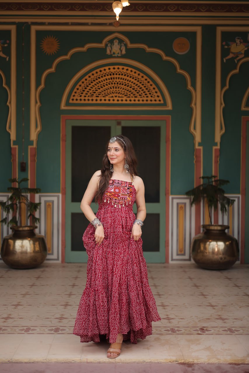 Maroon Color Bandhani Print Work with Kutchi Patchework in Faux Georgette Navratri Gown