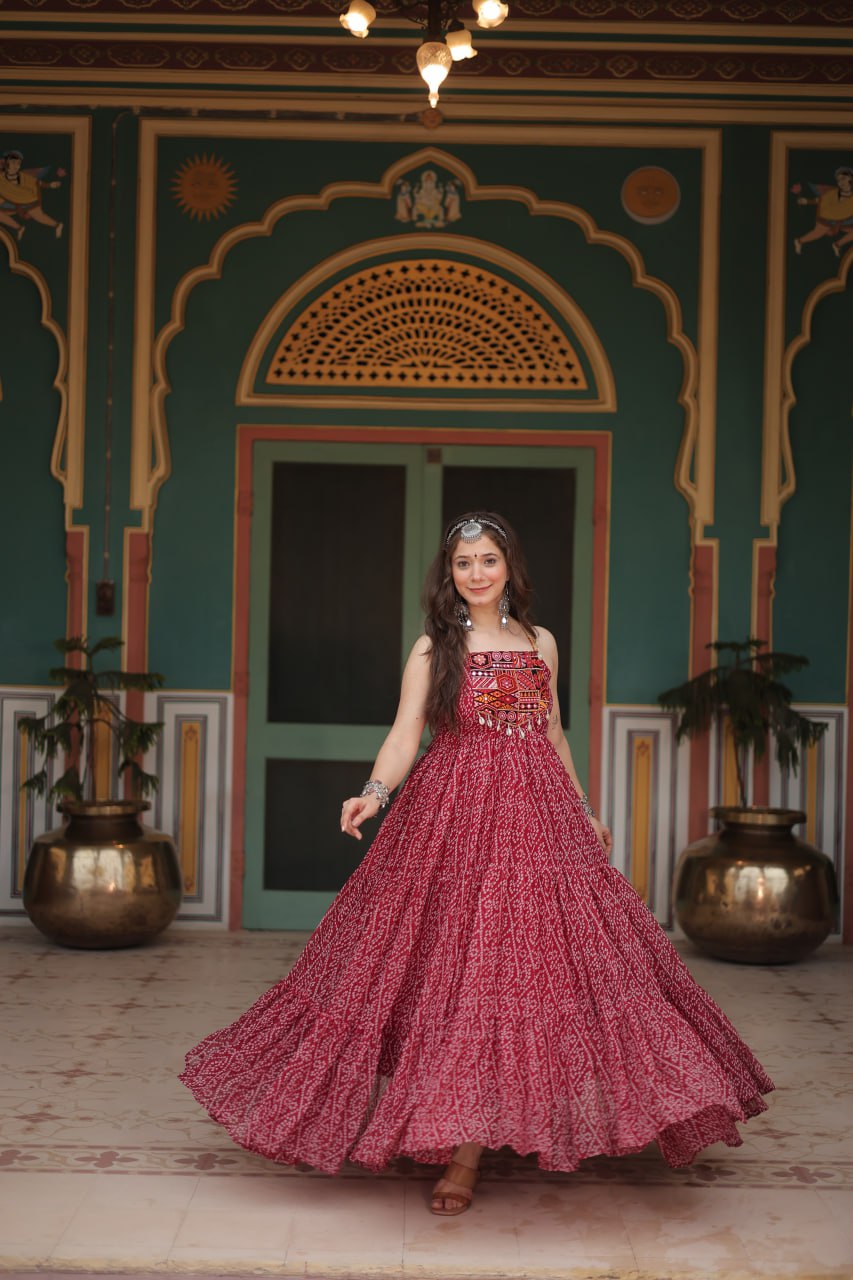 Maroon Color Bandhani Print Work with Kutchi Patchework in Faux Georgette Navratri Gown