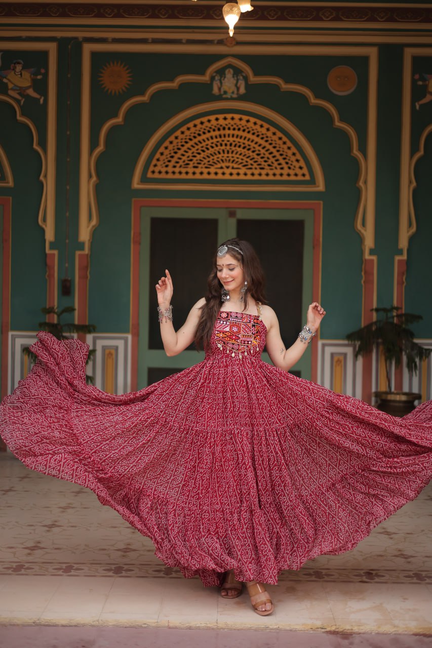 Maroon Color Bandhani Print Work with Kutchi Patchework in Faux Georgette Navratri Gown