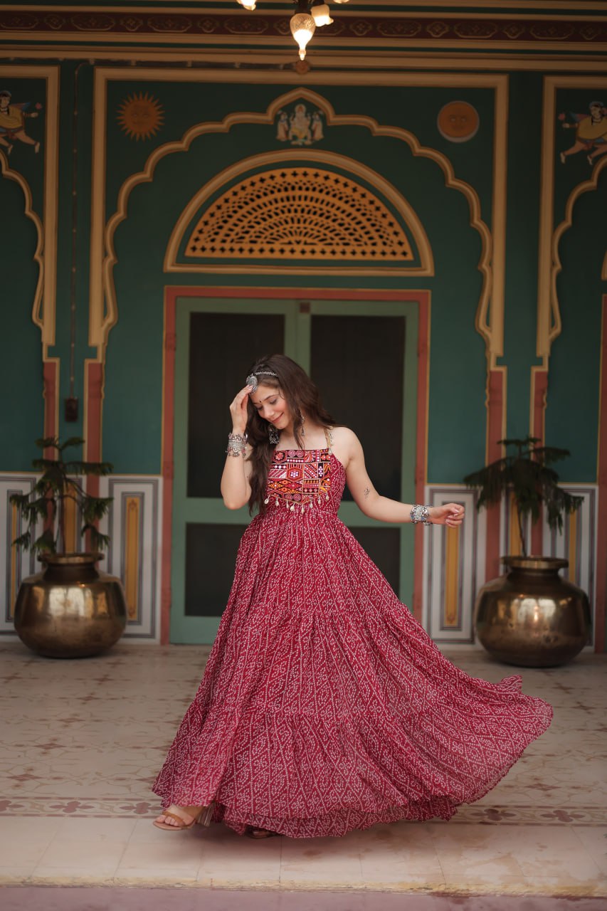 Maroon Color Bandhani Print Work with Kutchi Patchework in Faux Georgette Navratri Gown