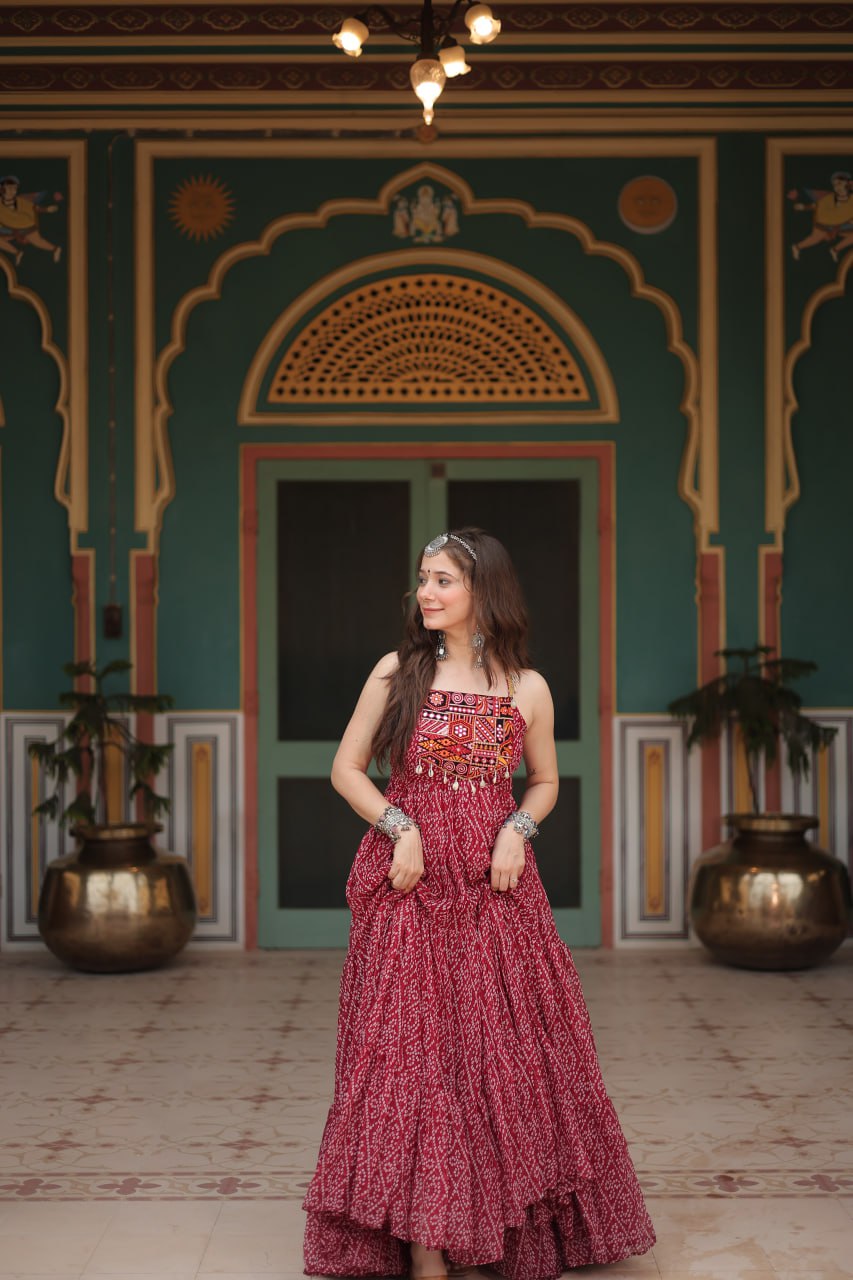 Maroon Color Bandhani Print Work with Kutchi Patchework in Faux Georgette Navratri Gown