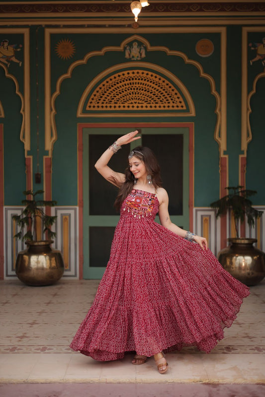 Maroon Color Bandhani Print Work with Kutchi Patchework in Faux Georgette Navratri Gown