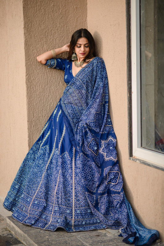 Navy Blue Color Vaishali Silk Printed With Gota Patti and Tassels Work Bandhani Lehenga Choli