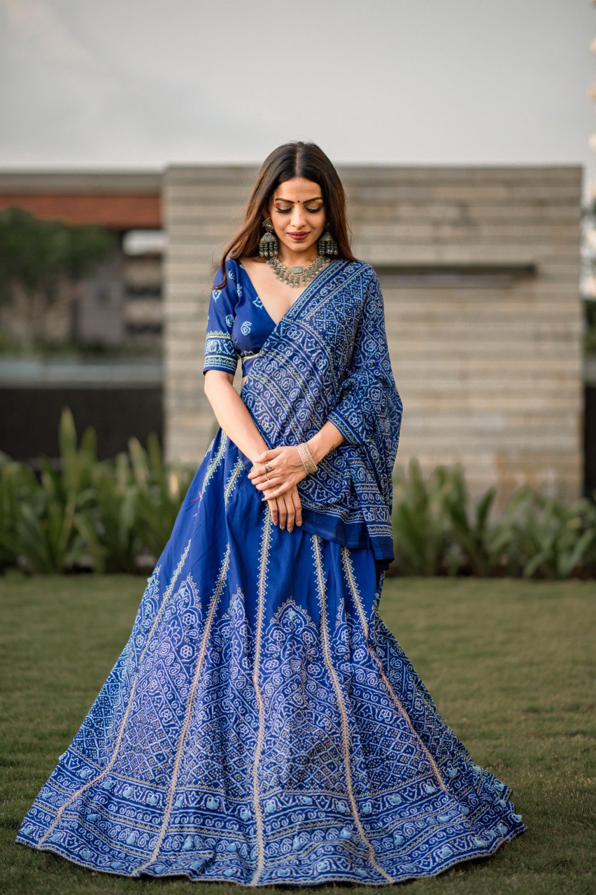 Navy Blue Color Vaishali Silk Printed With Gota Patti and Tassels Work Bandhani Lehenga Choli