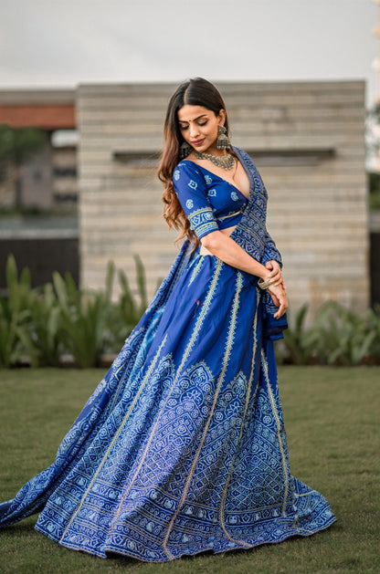 Navy Blue Color Vaishali Silk Printed With Gota Patti and Tassels Work Bandhani Lehenga Choli