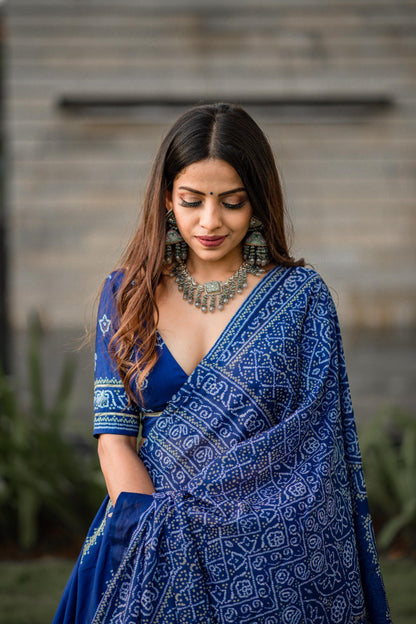 Navy Blue Color Vaishali Silk Printed With Gota Patti and Tassels Work Bandhani Lehenga Choli