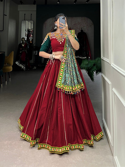 Maroon Color Pure Cotton Plain With Original Mirror Gamthi Work And Gota Patti Stitched Navratri Lehenga Choli