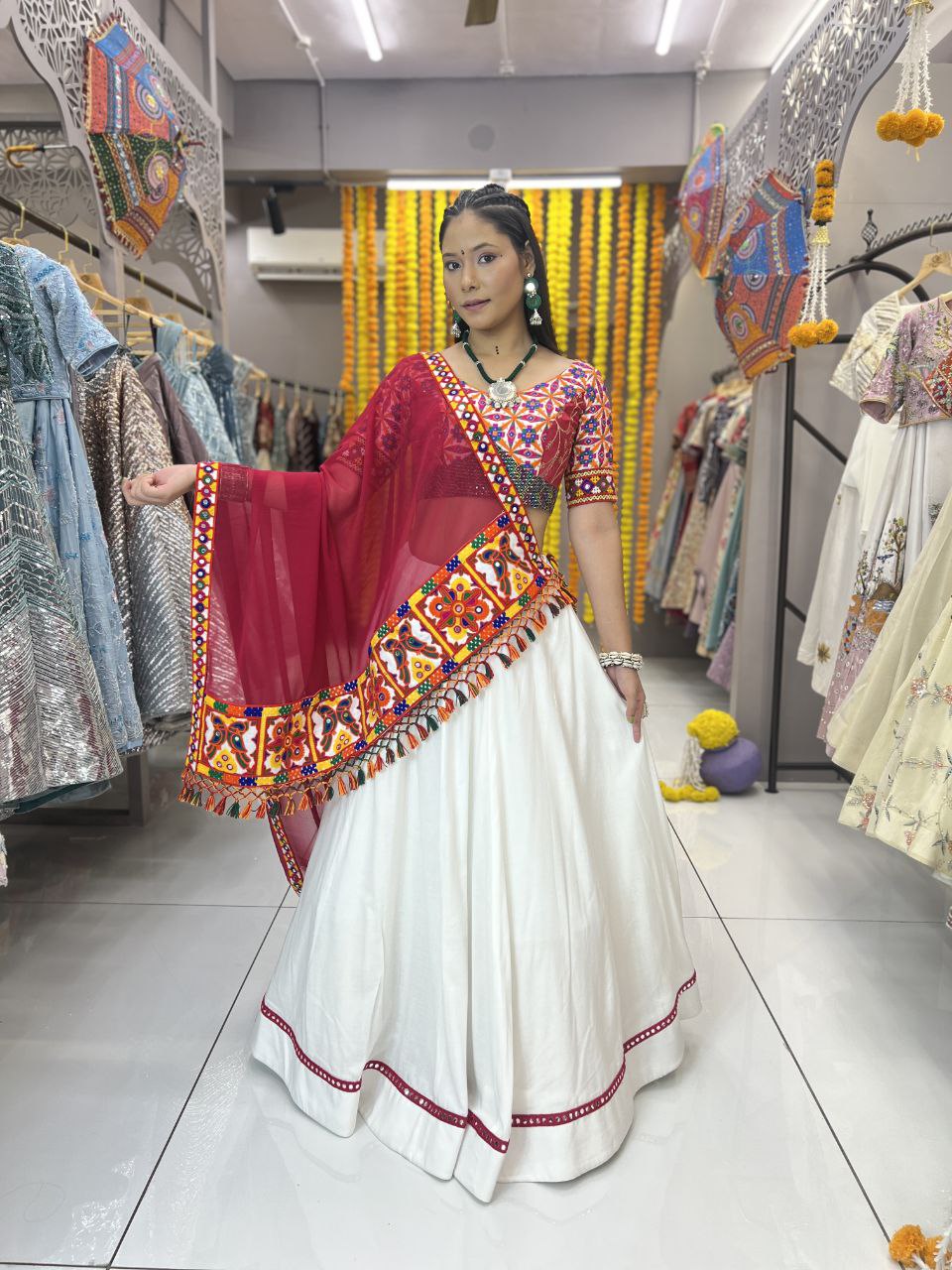 White Color Reyon Readymade Mirror Lace Multi Febric Cotton Full Stitched Lehenga Choli