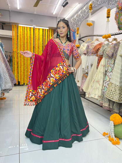 Green Color Reyon Readymade Mirror Lace Multi Febric Cotton Full Stitched Lehenga Choli