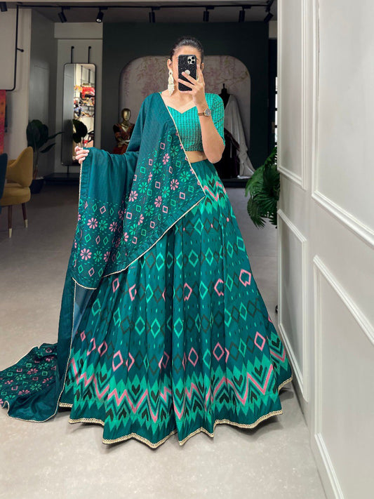 Teal Color Vaishali Silk Printed With Lace Border Lehenga Choli