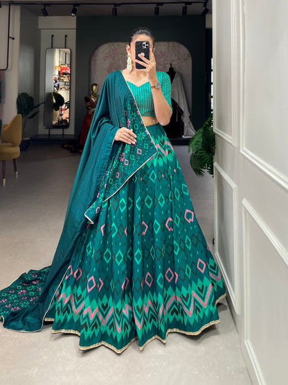 Teal Color Vaishali Silk Printed With Lace Border Lehenga Choli