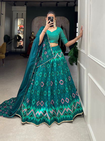 Teal Color Vaishali Silk Printed With Lace Border Lehenga Choli