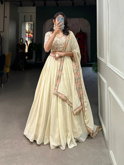 Off White Color Georgette Sequins and Thread Embroidery Work Stitched Lehenga Choli