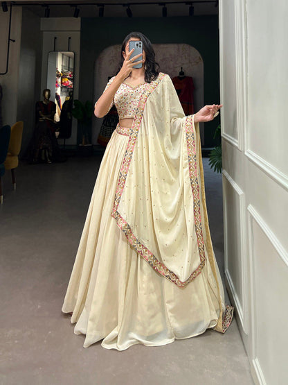 Off White Color Georgette Sequins and Thread Embroidery Work Stitched Lehenga Choli