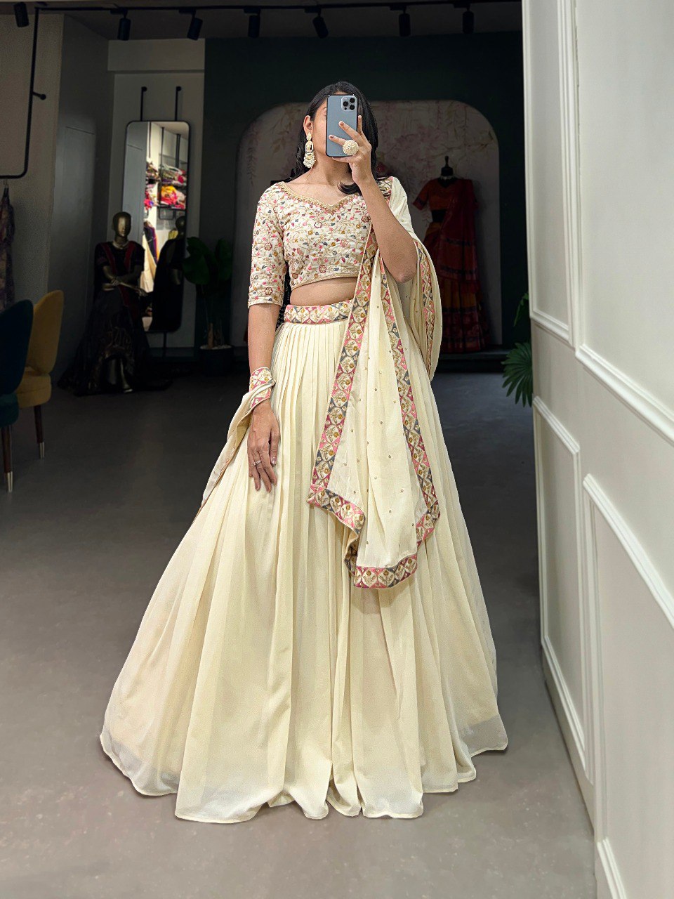 Off White Color Georgette Sequins and Thread Embroidery Work Stitched Lehenga Choli