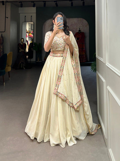 Off White Color Georgette Sequins and Thread Embroidery Work Stitched Lehenga Choli