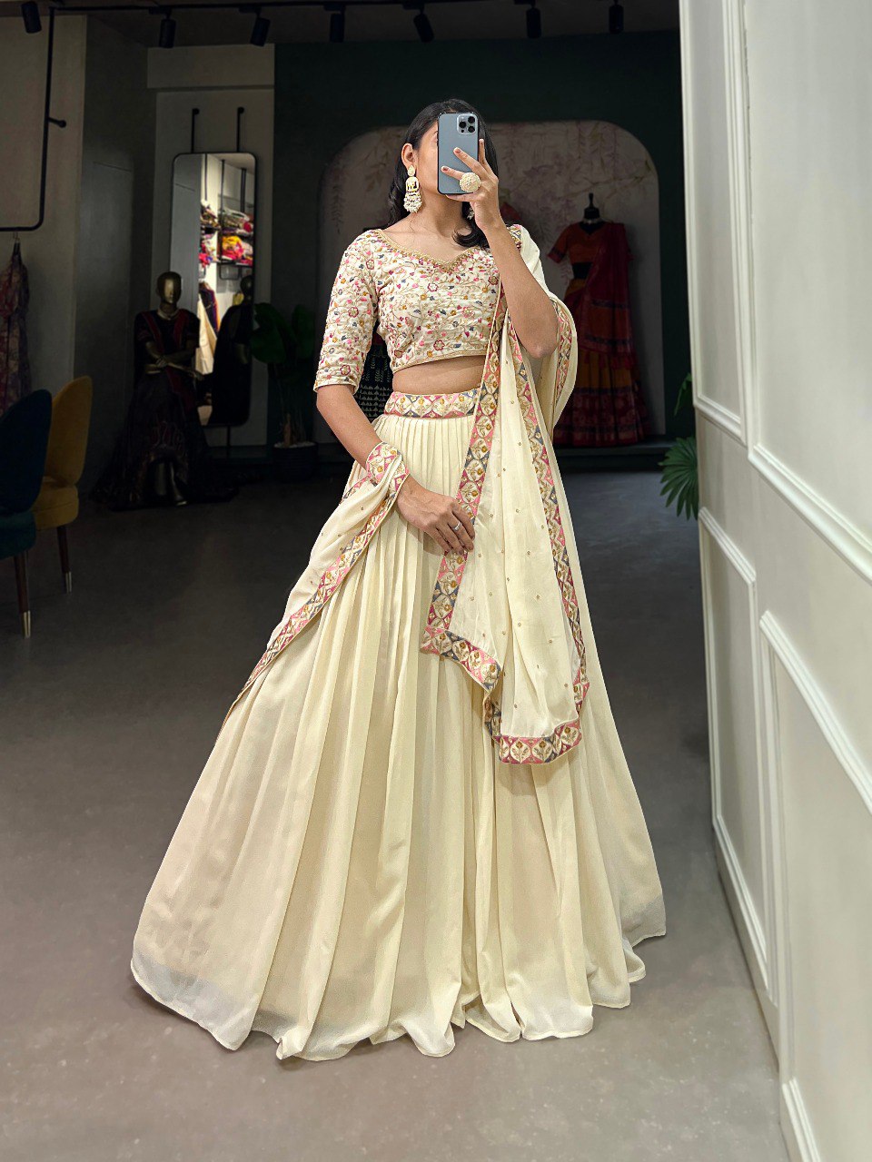 Off White Color Georgette Sequins and Thread Embroidery Work Stitched Lehenga Choli