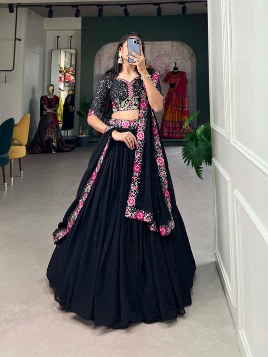 Black Color Georgette Plain With Sequins and Thread Embroidery Work Lehenga Choli