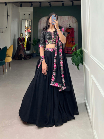 Black Color Georgette Plain With Sequins and Thread Embroidery Work Lehenga Choli