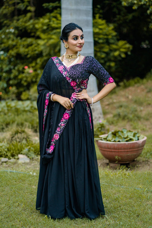 Black Color Georgette Plain With Sequins and Thread Embroidery Work Belt Lehenga Choli