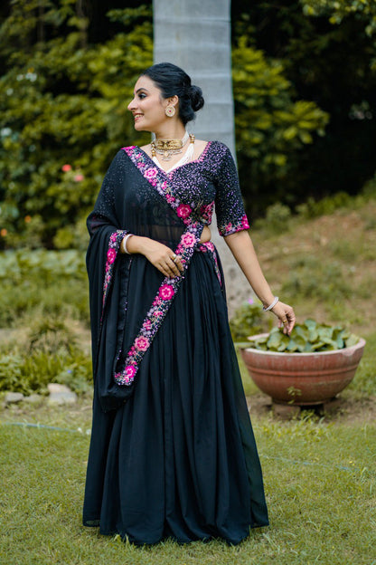 Black Color Georgette Plain With Sequins and Thread Embroidery Work Belt Lehenga Choli