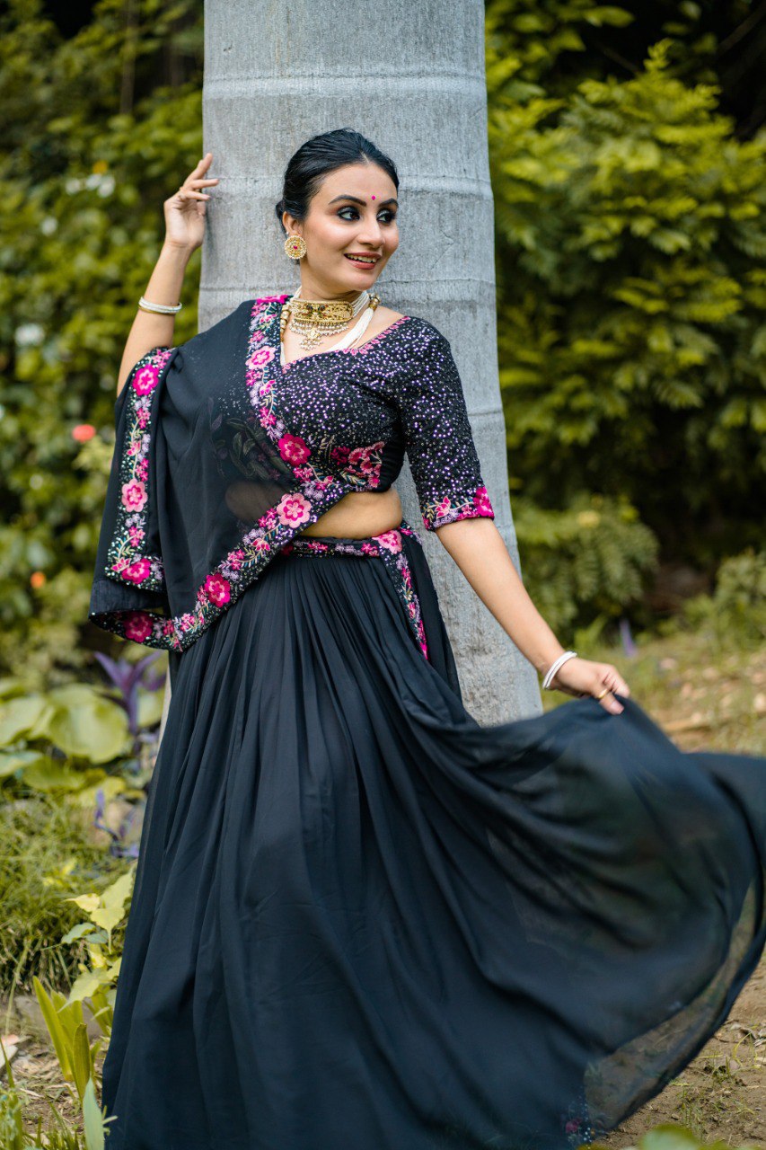 Black Color Georgette Plain With Sequins and Thread Embroidery Work Belt Lehenga Choli