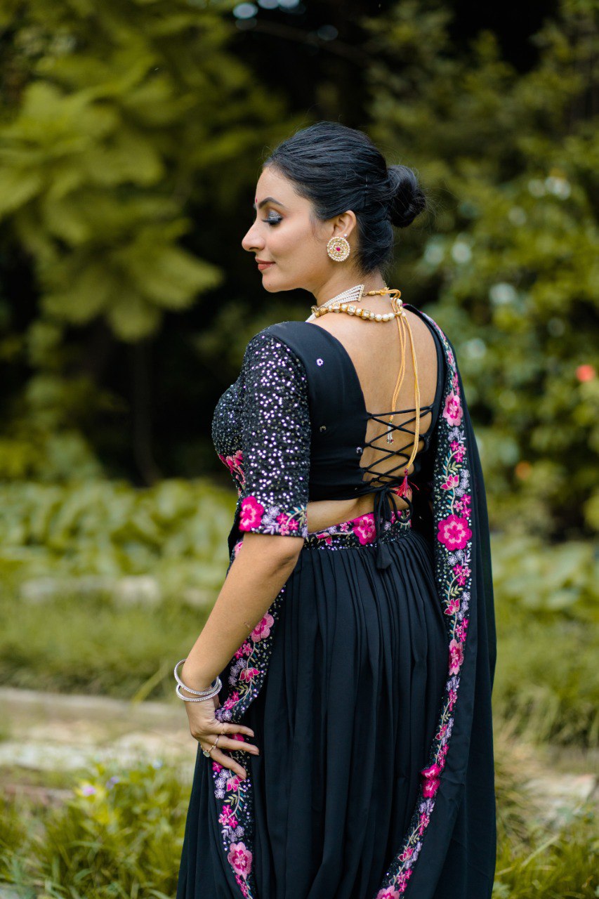 Black Color Georgette Plain With Sequins and Thread Embroidery Work Belt Lehenga Choli