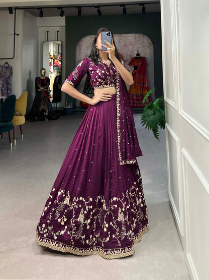 Wine Color Vichitra Silk Sequins and Thread Embroidery Work With Lace Border Lehenga Choli