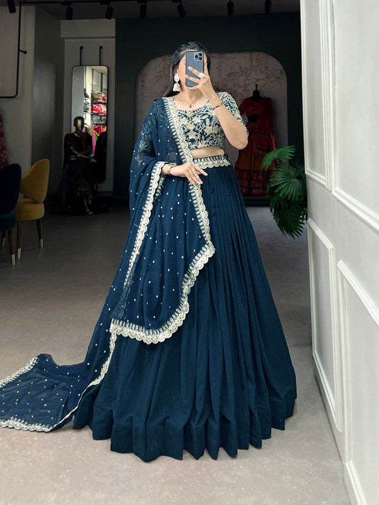 Teal Color Georgette Plain With Sequins and Thread Embroidery Work Lehenga Choli