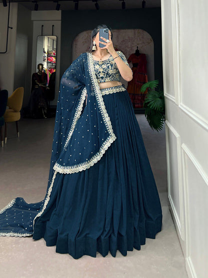 Teal Color Georgette Plain With Sequins and Thread Embroidery Work Lehenga Choli