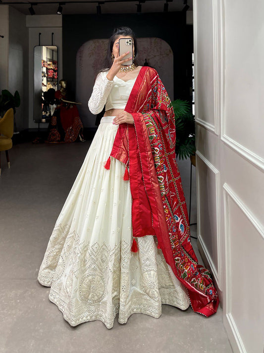 White Color Georgette Lucknowi Paper Mirror Work Lehenga choli