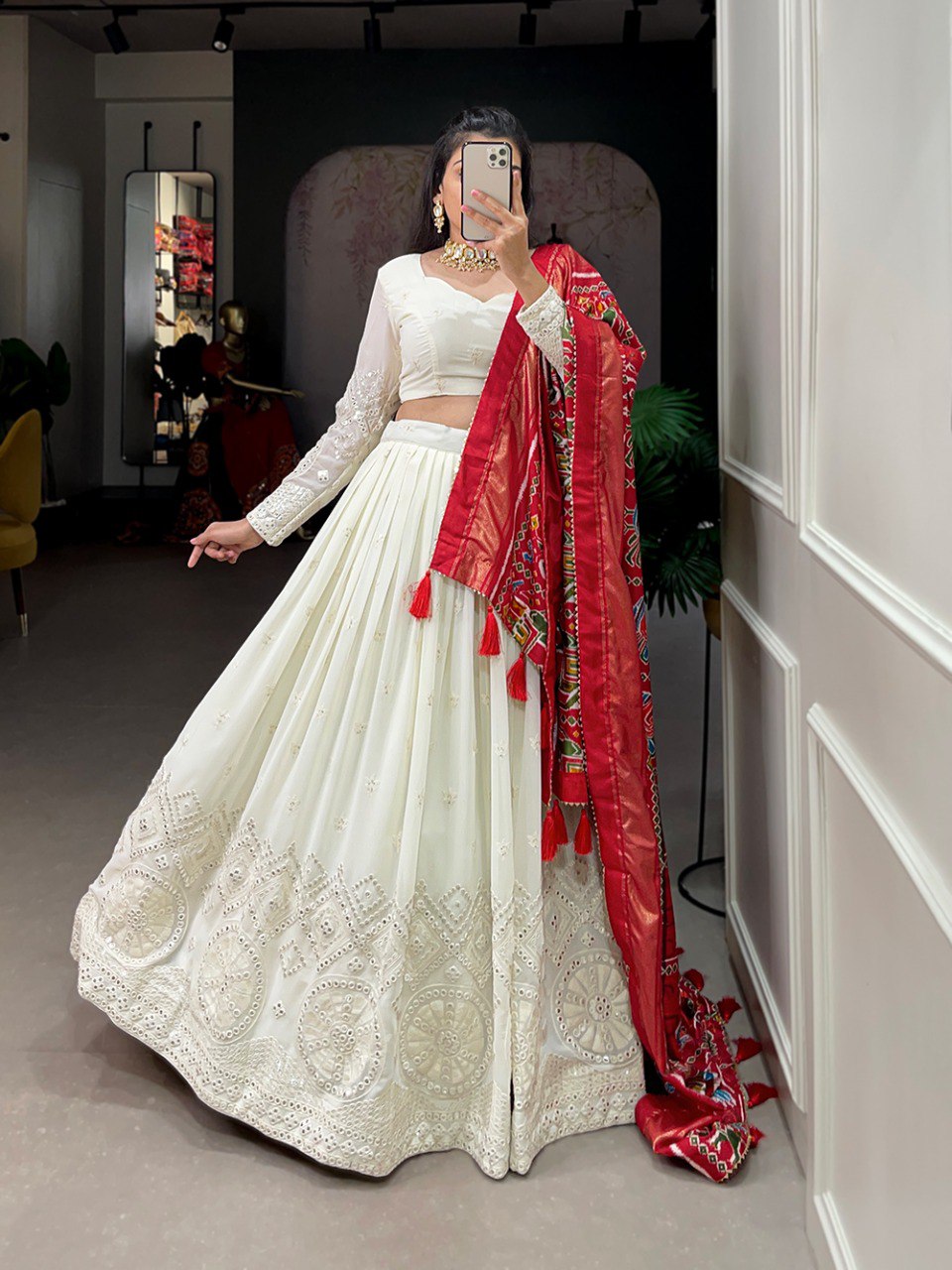 White Color Georgette Lucknowi Paper Mirror Work Lehenga choli