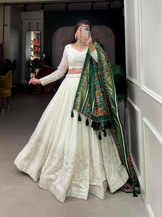 White Color Georgette Lucknowi Paper Mirror Work Lehenga choli