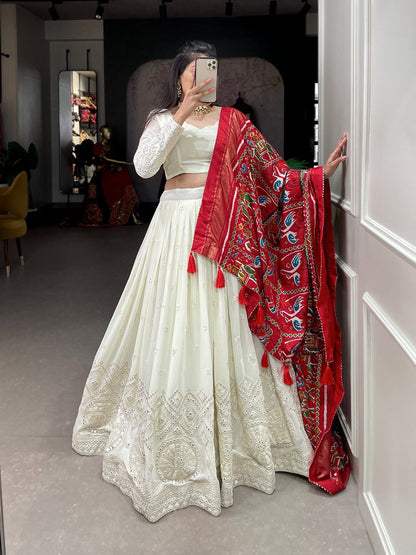 White Color Georgette Lucknowi Paper Mirror Work Lehenga choli