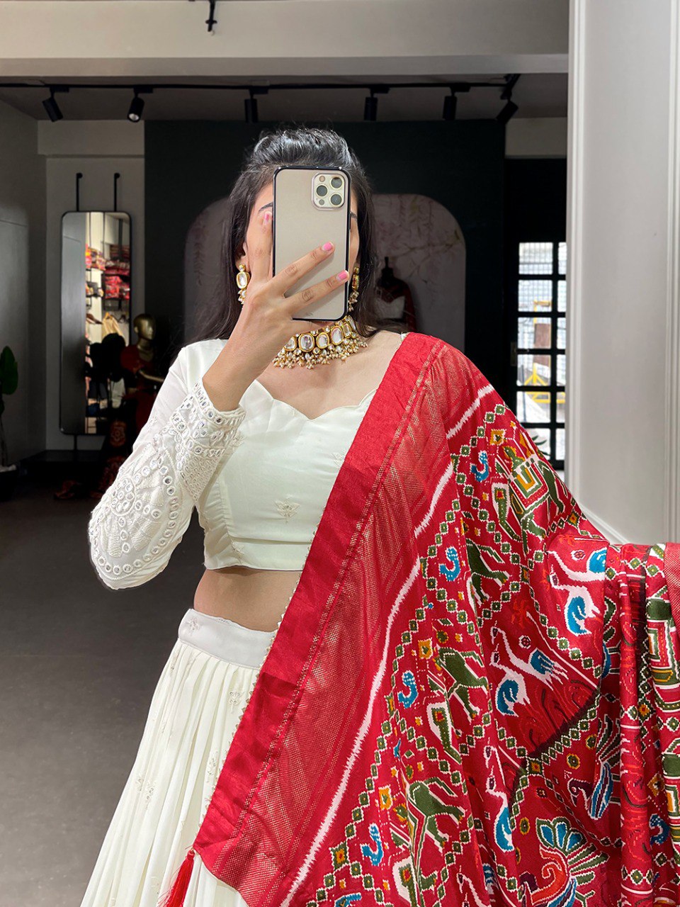 White Color Georgette Lucknowi Paper Mirror Work Lehenga choli