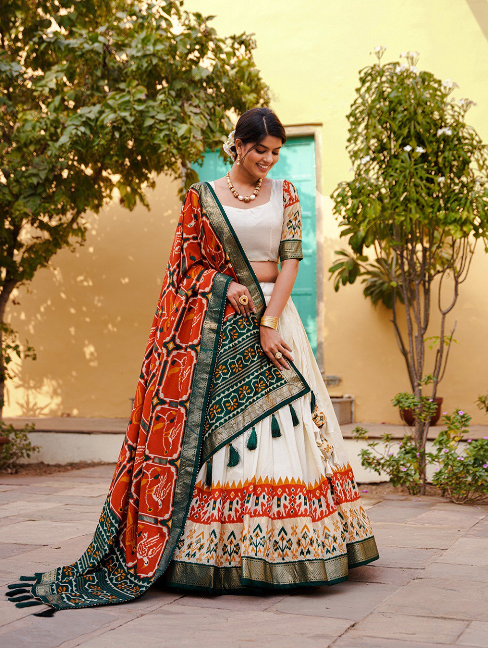 Orange Color Tussar Silk Patola Print With foil Print Lehenga Choli