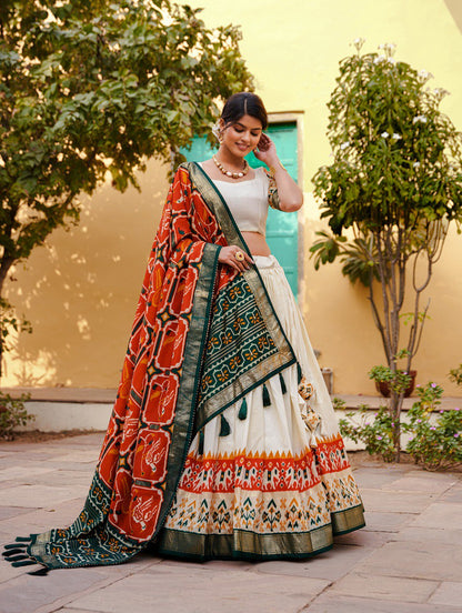 Orange Color Tussar Silk Patola Print With foil Print Lehenga Choli