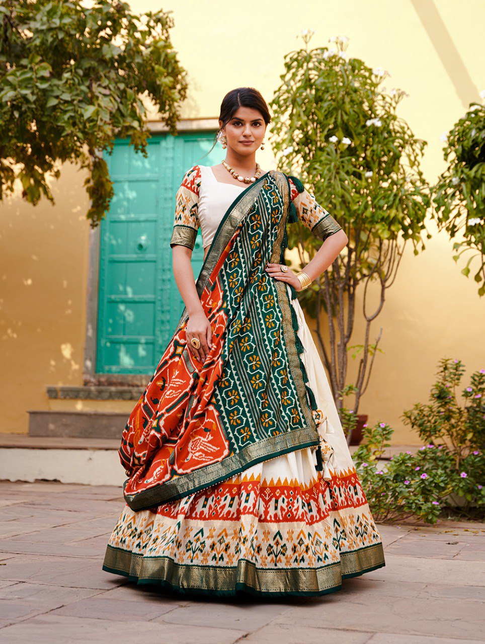 Orange Color Tussar Silk Patola Print With foil Print Lehenga Choli