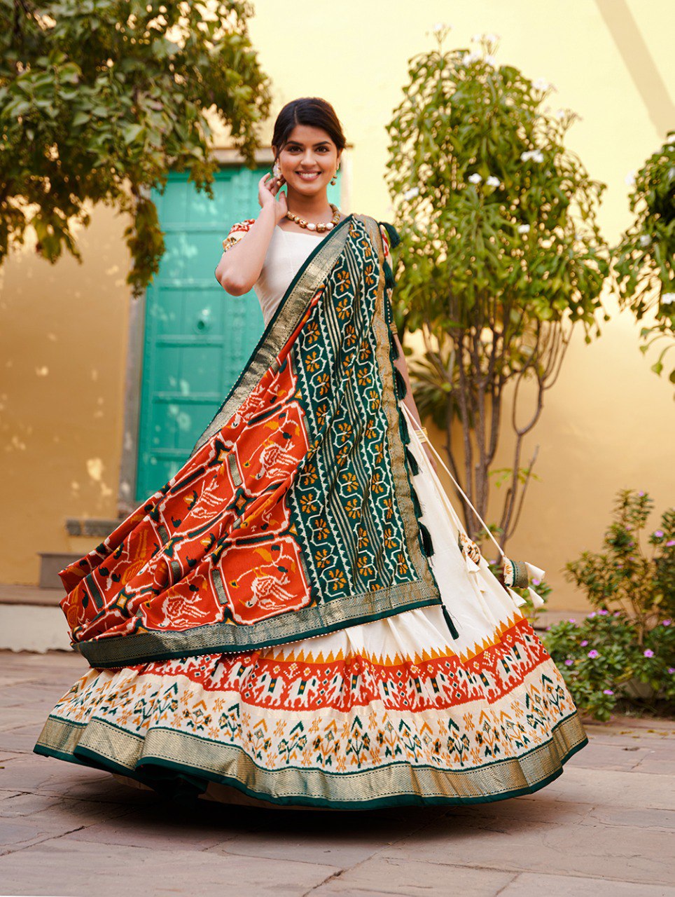 Orange Color Tussar Silk Patola Print With foil Print Lehenga Choli