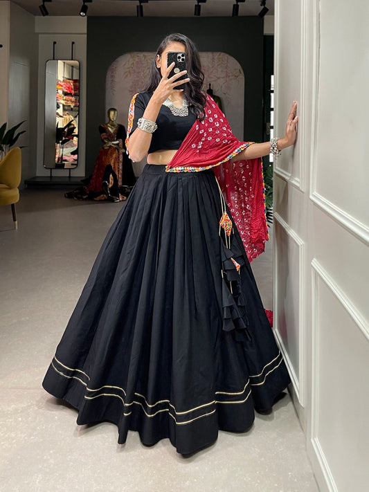 Black Color Pure Cotton Plain With Gotta Patti Touch Up Navratri Lehenga Choli