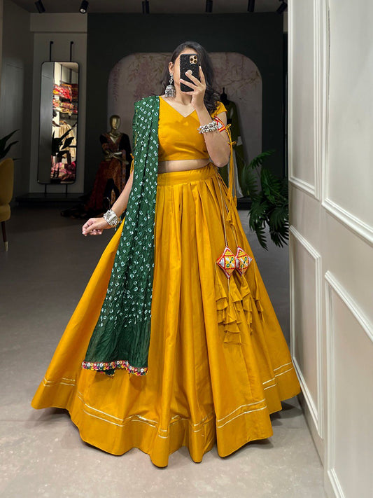 Mustard Color Pure Cotton Plain With Gotta Patti Touch Up Navratri Lehenga Choli