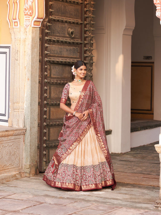 Cream Color Tussar Silk Dot And Ajarakh With Foil Print Lehenga Choli