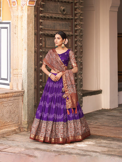 Purple Color Tussar Silk Dot And Ajarakh With Foil Print Lehenga Choli