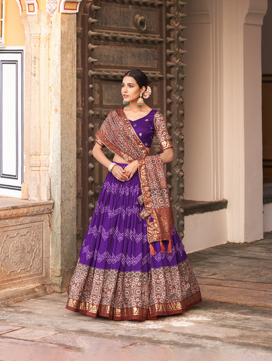 Purple Color Tussar Silk Dot And Ajarakh With Foil Print Lehenga Choli