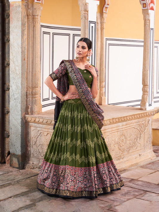 Green Color Tussar Silk Dot And Ajarakh With Foil Print Lehenga Choli