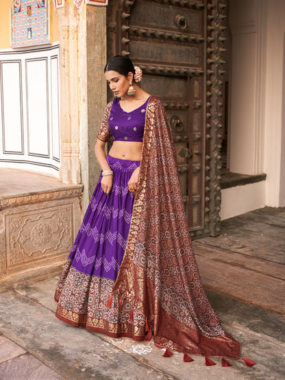 Purple Color Tussar Silk Dot And Ajarakh With Foil Print Lehenga Choli