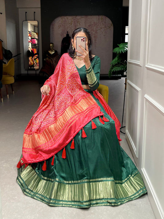 Green Color Gaji Silk Yeing With Lagdi Patta Lehenga Choli