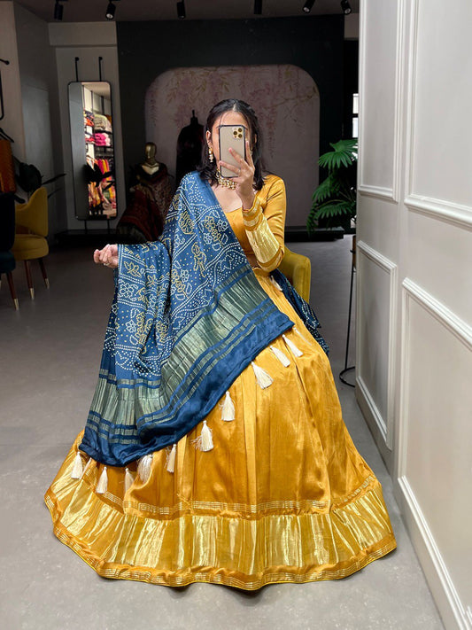 Mustard Color Gaji Silk Yeing With Lagdi Patta Lehenga Choli