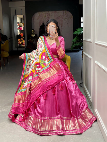 Pink Color Gaji Silk Yeing With Lagdi Patta Lehenga Choli