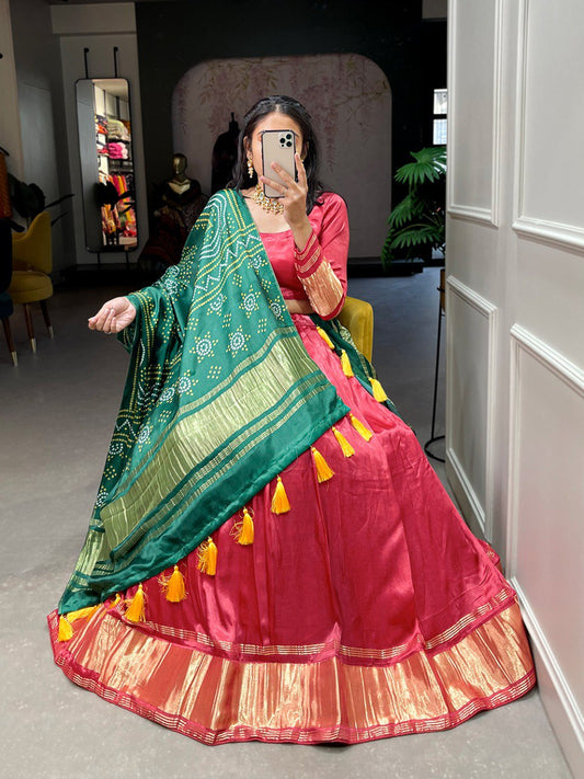 Red Color Gaji Silk Yeing With Lagdi Patta Lehenga Choli